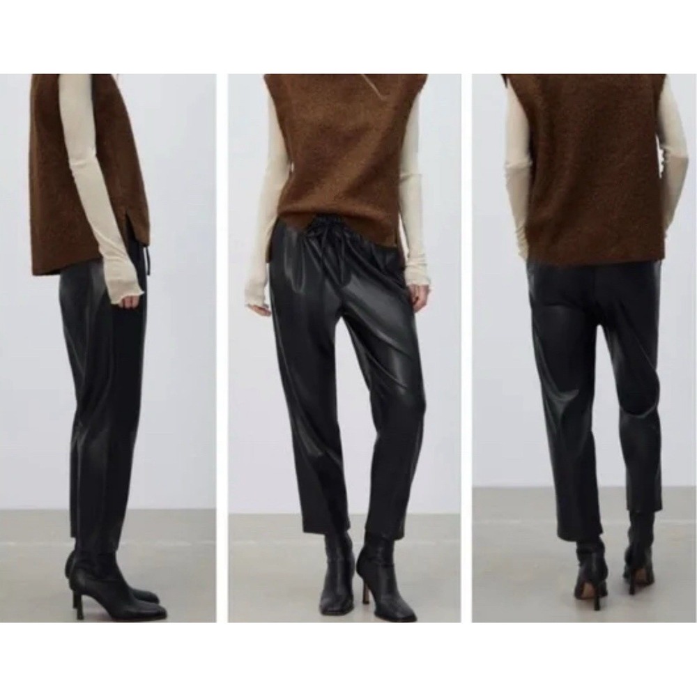 Zara Black Drawstring Elastic Waist Black Faux Leather Pants Women's Size M